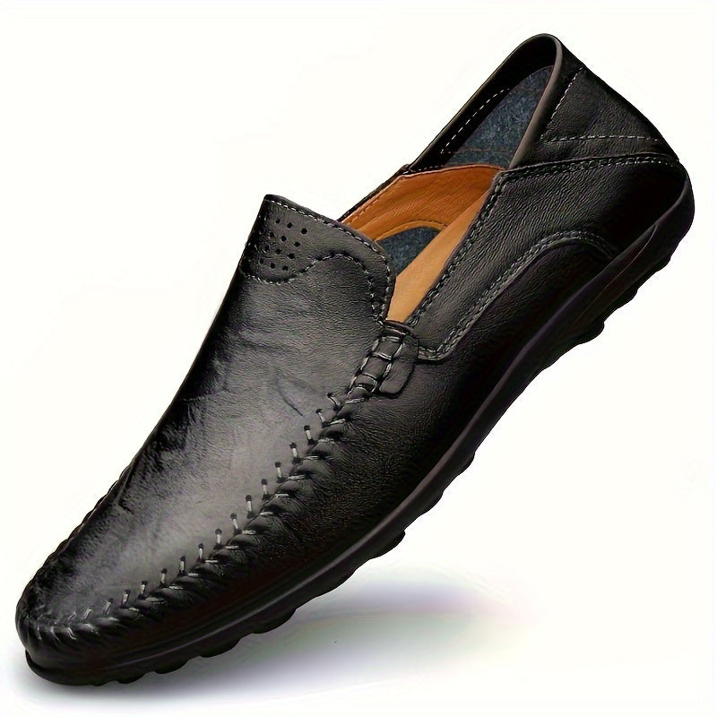 CLOHOO Men's Genuine -like Upper Slip-On Dress Loafers - All-Season Round-Toe Business Casual Shoes with PU, Brown/Black, Durable Rubber Sole for Office, Vacation & Formal Wear (No Laces/Ties)
