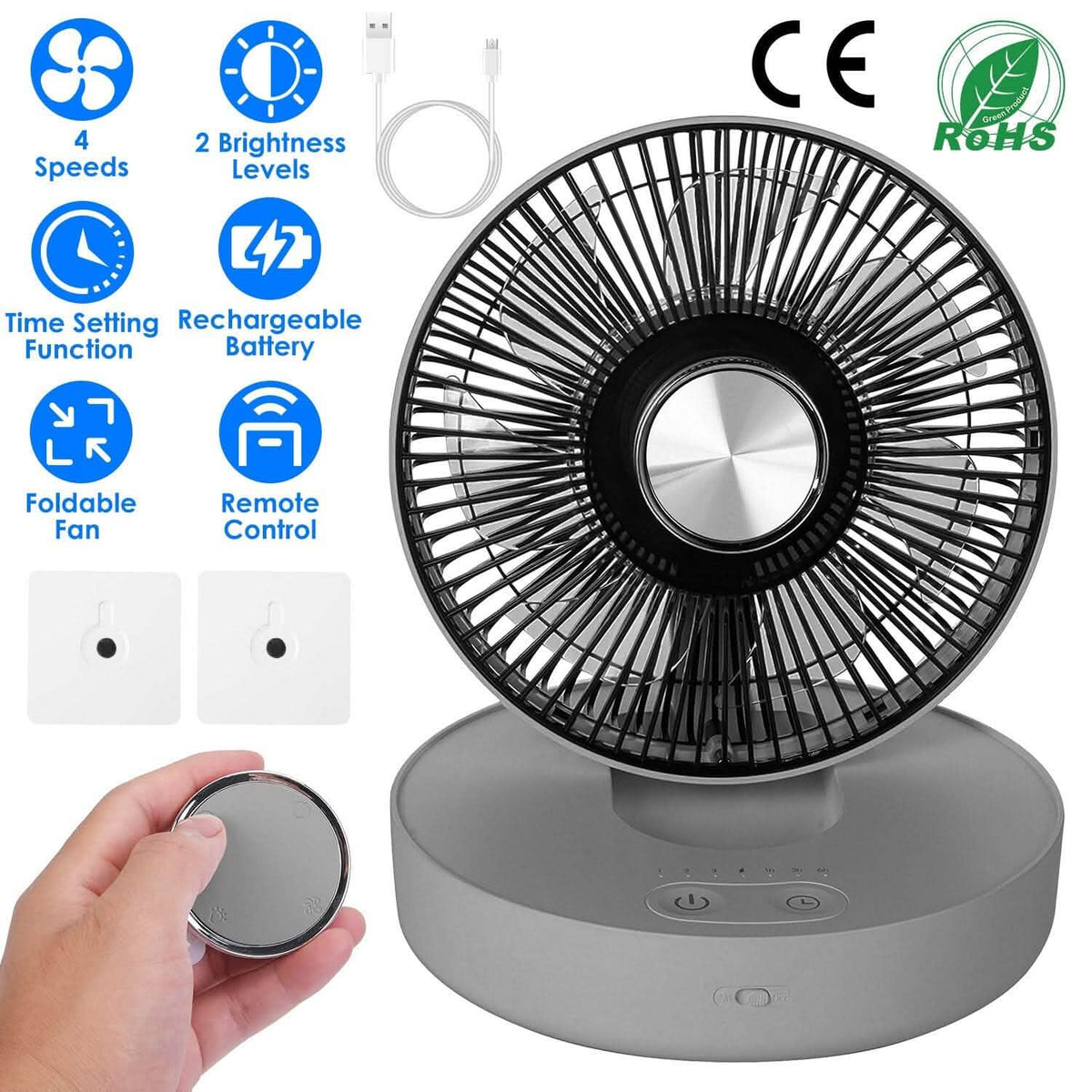 Foldable Rechargeable LED Desk Fan Wall Mounted with Magnetic Remote