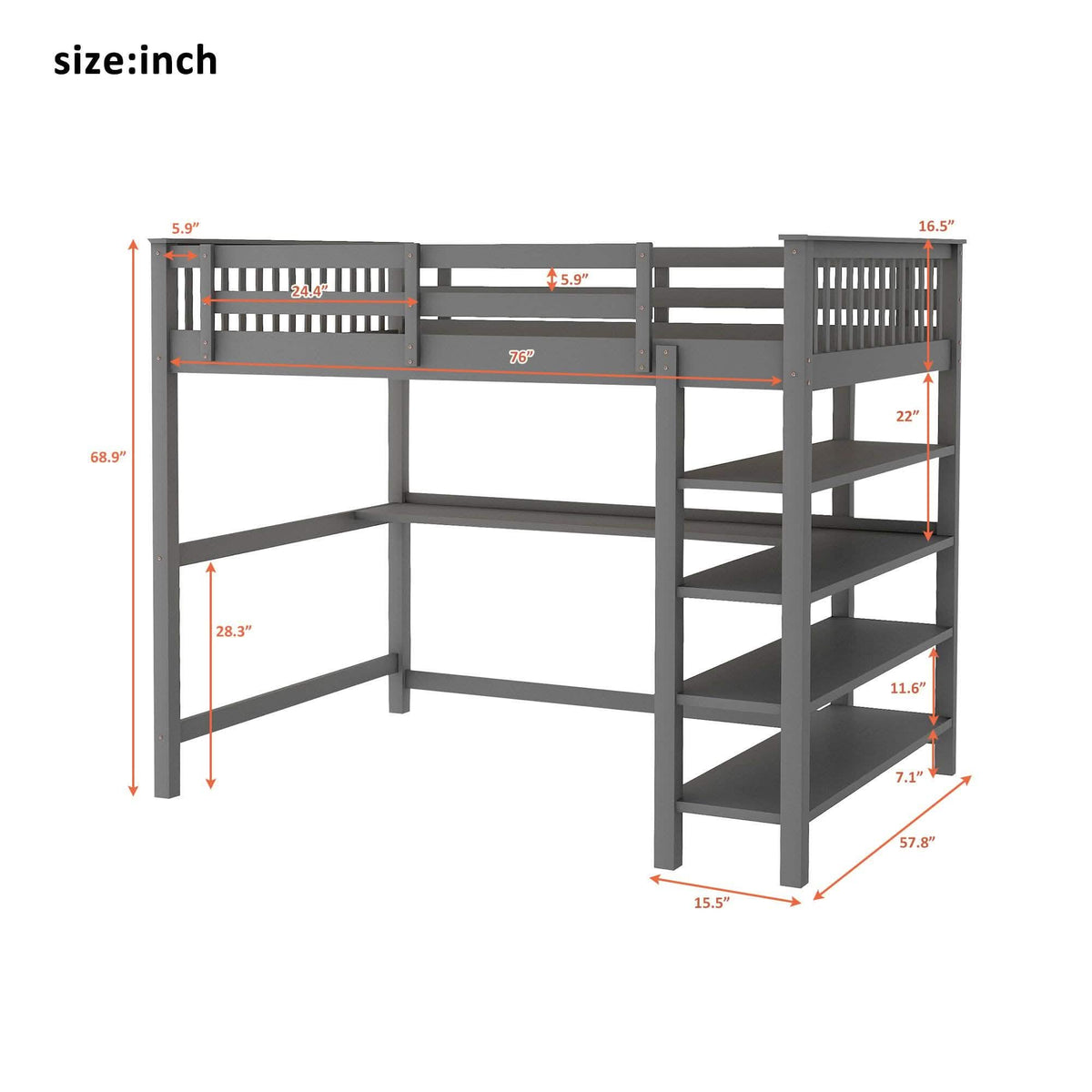 Full Size Loft Bed with Under-bed Desk and Storage Shelves