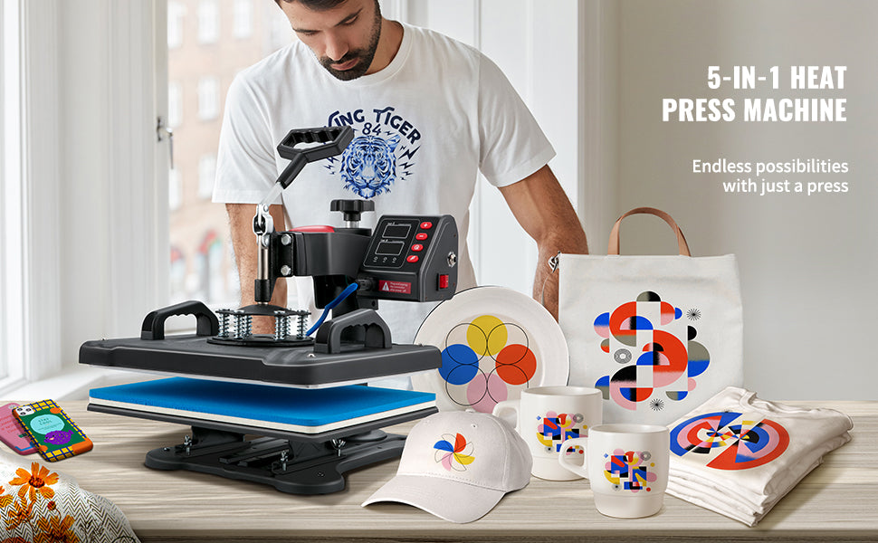 SucceBuy Heat Press 5in1 Heat Press Machine 12x15in Clamshell Sublimation Transfer Printer Digital Precise Temperature Control