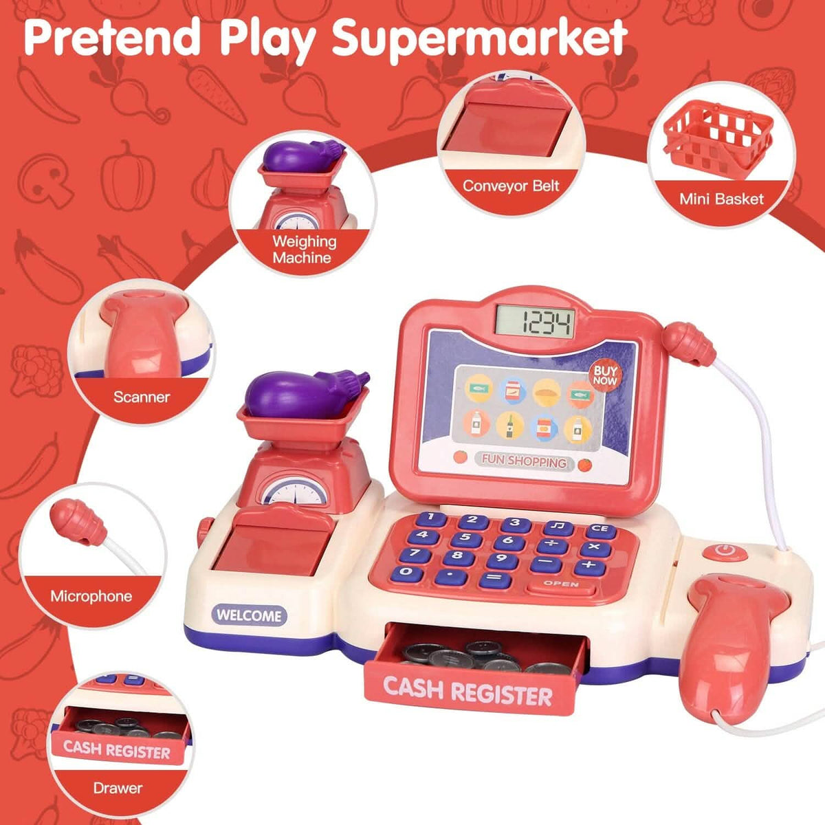Kids Cash Register Pretend Play Cashier Toy with Scanner Calculator