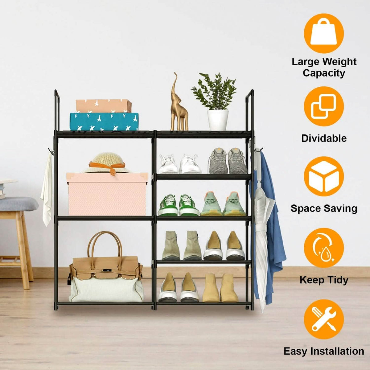 Metal Shoe Storage Shelf Free Standing Shoe Stand with 2 Row Hooks