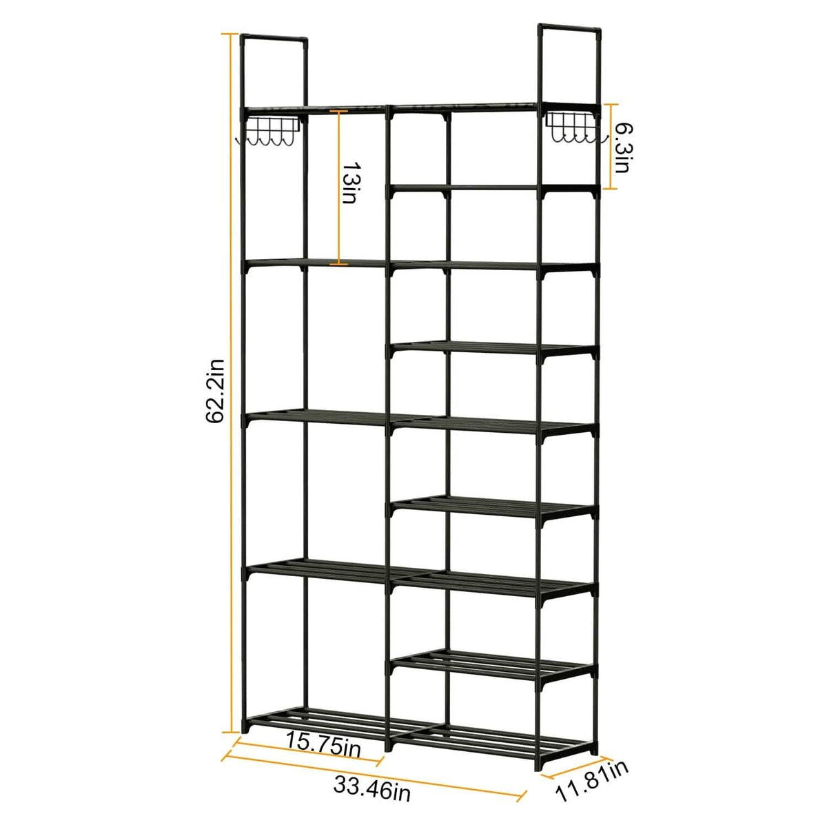 Metal Shoe Storage Shelf Free Standing Shoe Stand with 2 Row Hooks