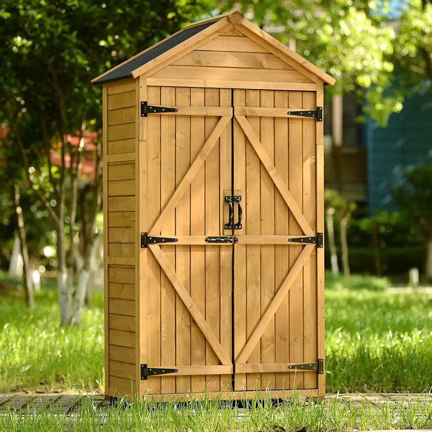 Outdoor Wood Tilt Storage Shed Tool Organizer with Waterproof Asphalt Roof