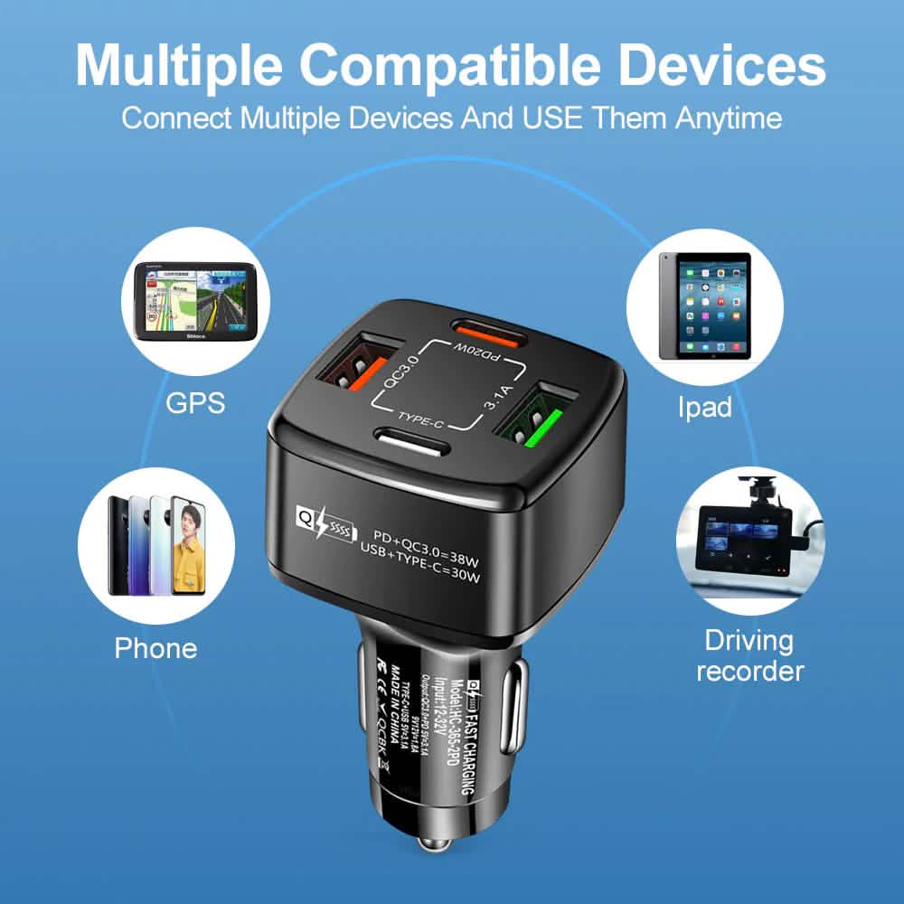 PBG 4 Port Car Charger 2 PD Ports and 2 USB Ports