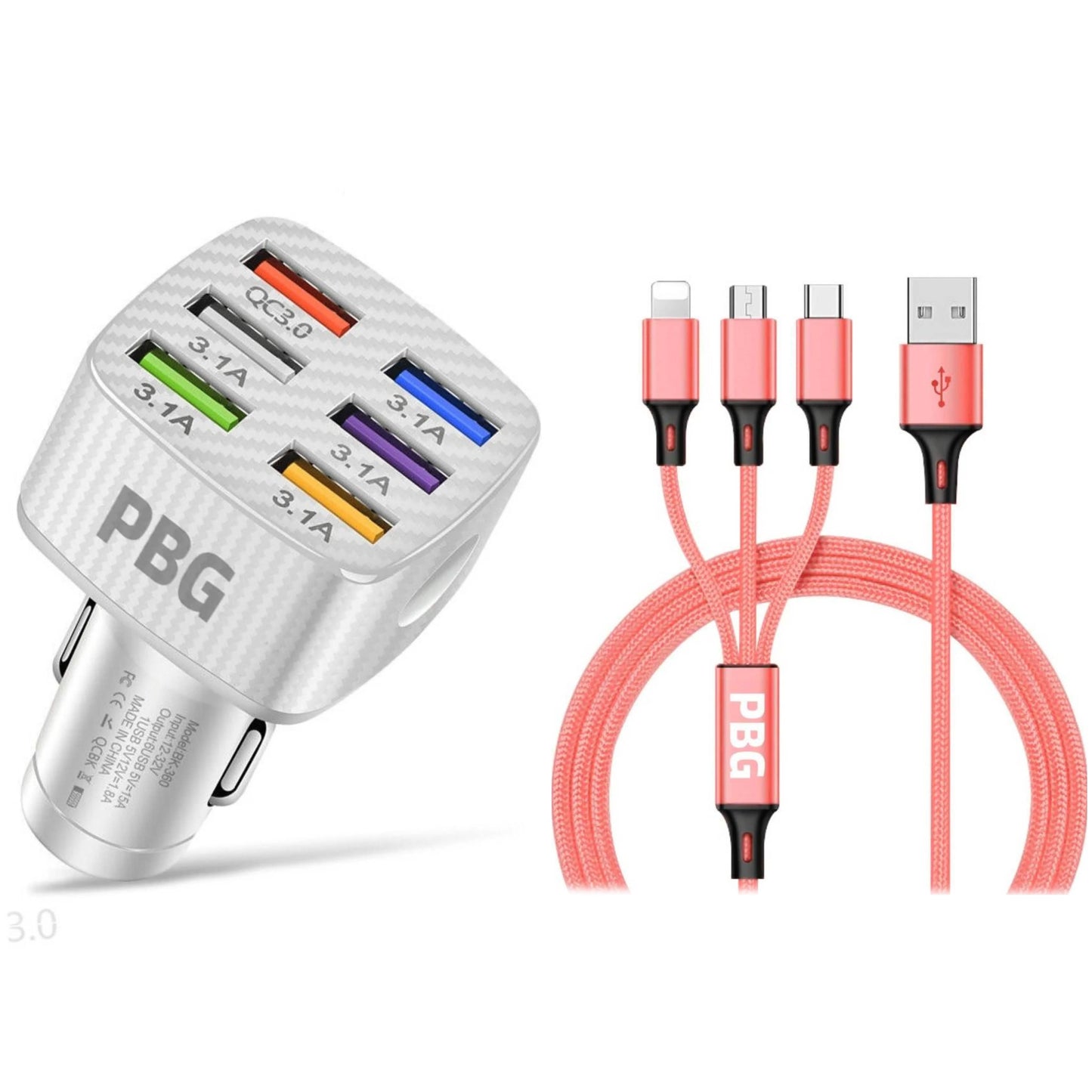 PBG LED 6 Port Car Charger and 4Ft. 3-in-1 Cable Combo