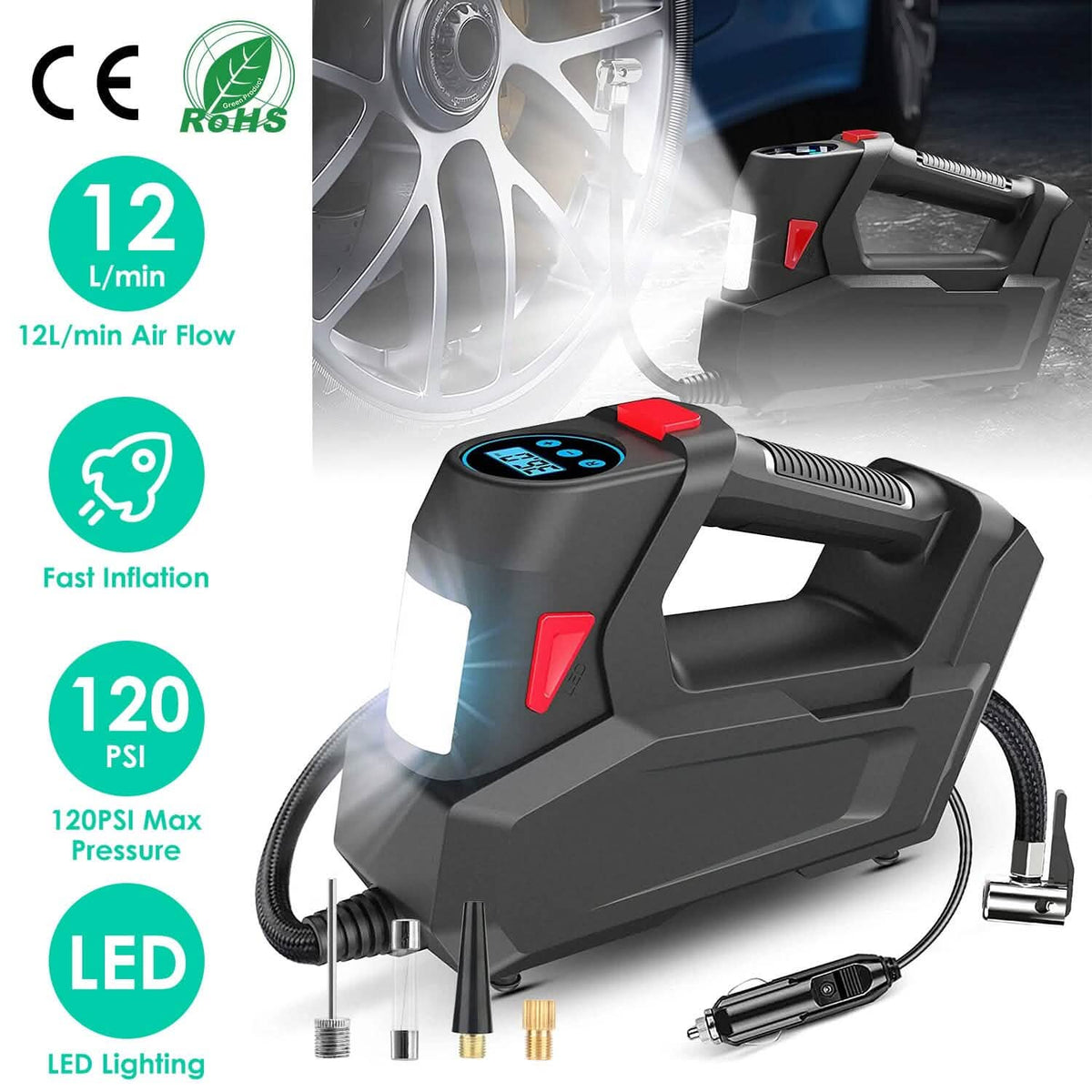 Portable Tire Inflator 120 PSI Maximum 90W Powered Tire Pump with Digital Display LED
