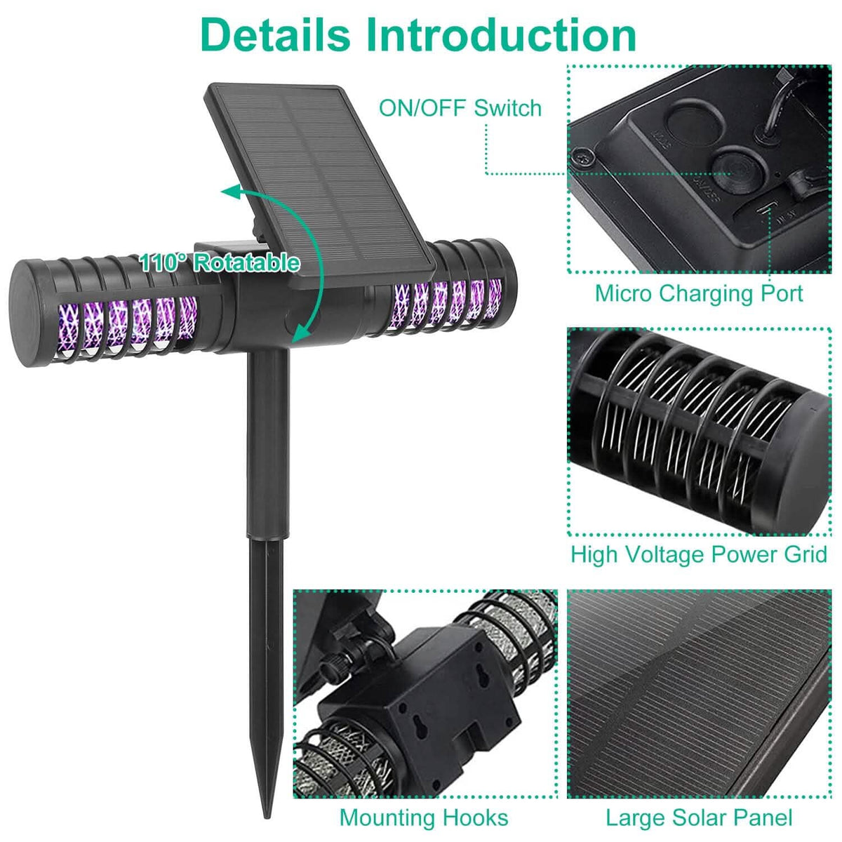 Solar Powered Bug Zapper LED Mosquito Killer Lamp