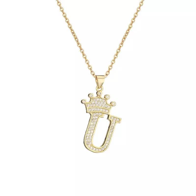 Stainless Steel Gold Overlay Hip Hop Crown A-Z Letters Necklace for Men and Women