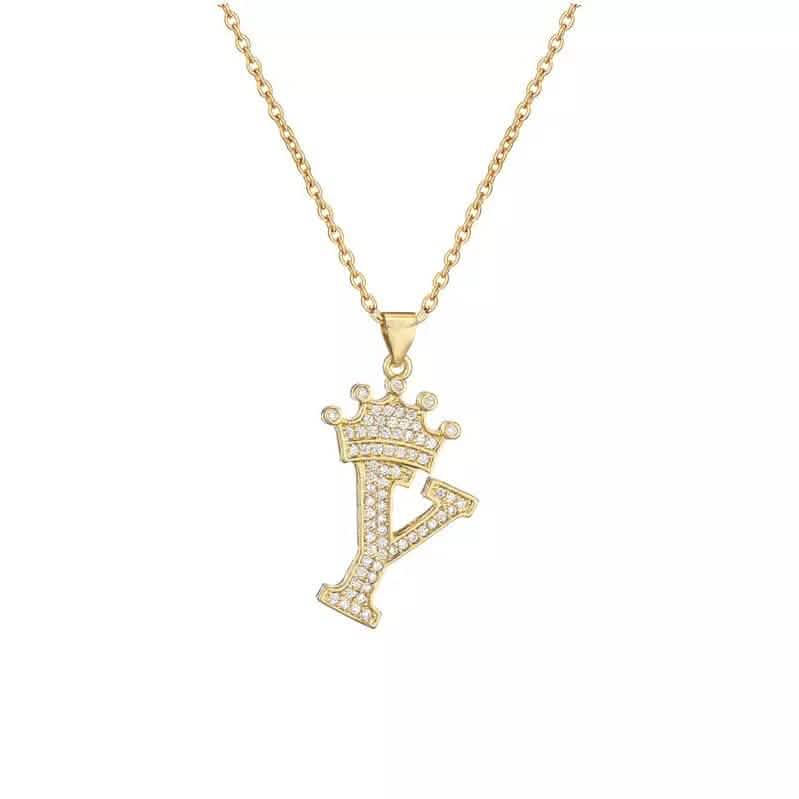 Stainless Steel Gold Overlay Hip Hop Crown A-Z Letters Necklace for Men and Women