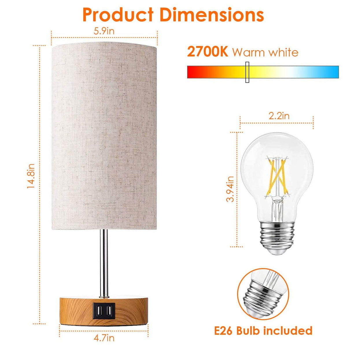 Touch Control Table Lamp 3-Way Dimmable Nightstand Beside Lamp