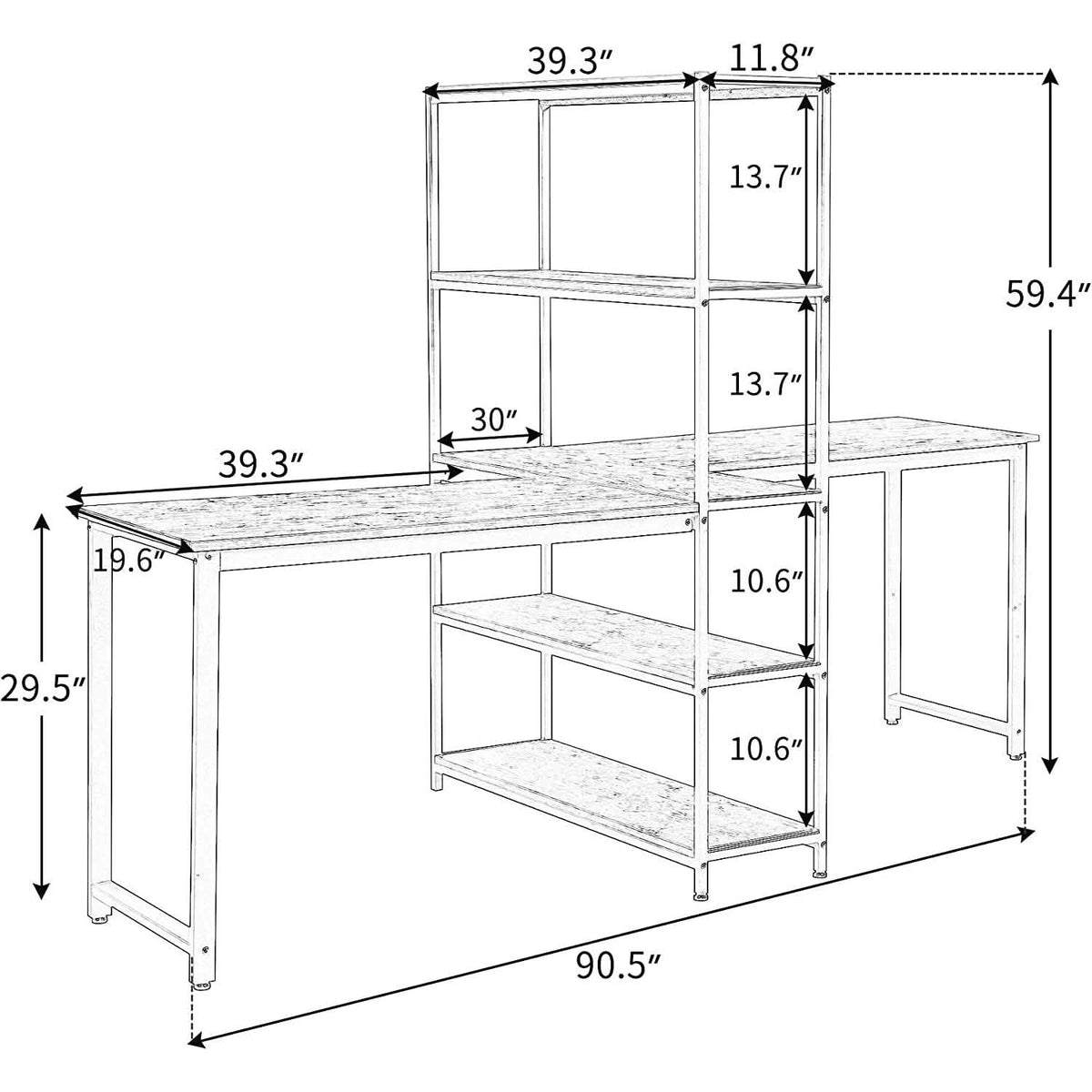Two Person Computer Desk with Bookshelf Wood and Metal