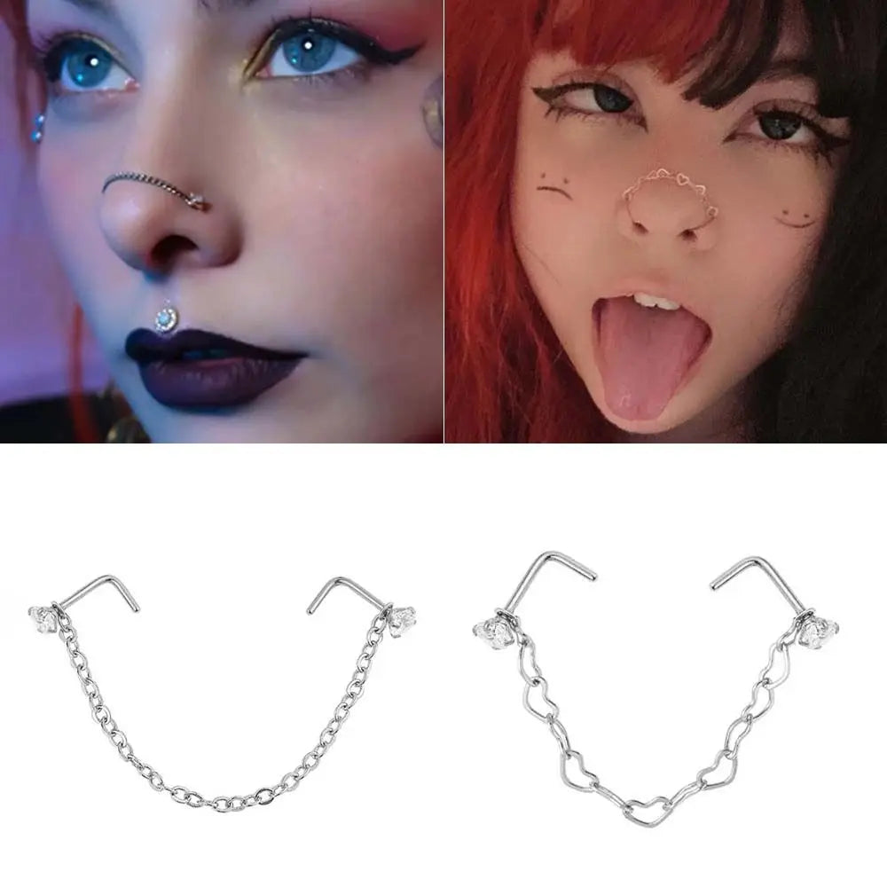 Double Nose Chain Nostril Ball Stainless Steel Nose Stud Decoration Earrings Piercing Nariz Pircing Septum Nose Piercing Ring