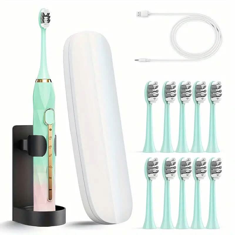 Waterproof USB Rechargeable Electric Toothbrush with 10 Replaceable Toothbrush Heads, Charger and Case
