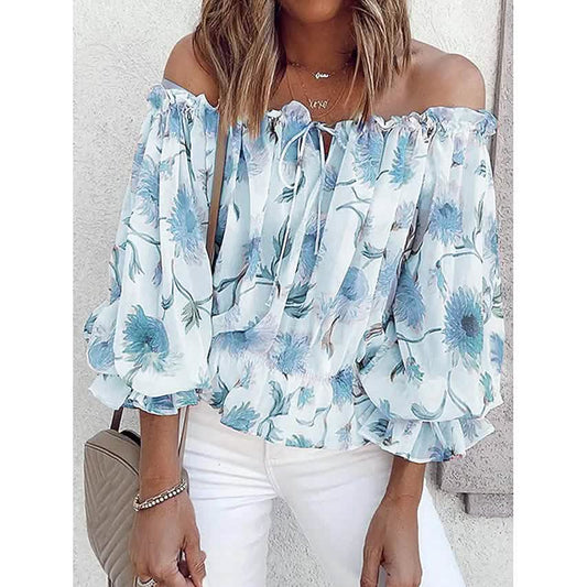 Women's T-Shirt Floral Print Off Shoulder Top Puff Sleeves